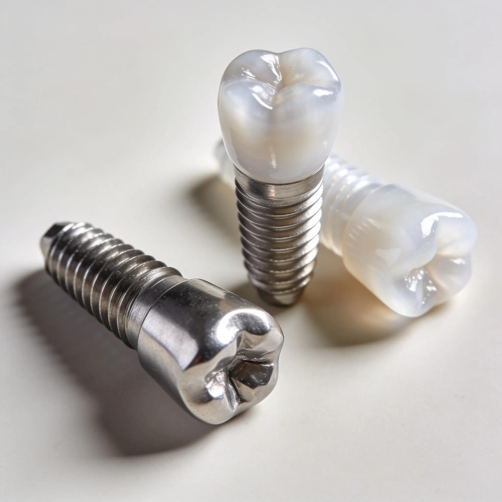 Close-up view of titanium and zirconia dental implants showcasing their materials