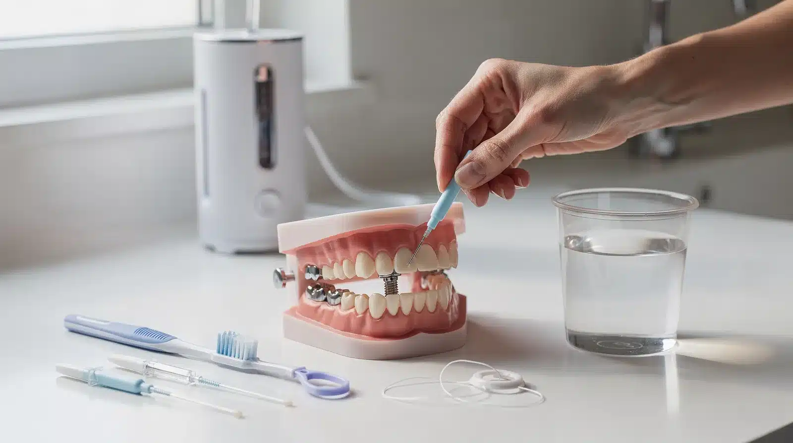 Use a soft-bristled toothbrush and low-abrasive toothpaste to avoid scratching the implant surface.; Floss daily