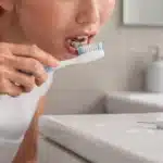 Patients should brush twice daily with a soft-bristled toothbrush and fluoride toothpaste, including the areas