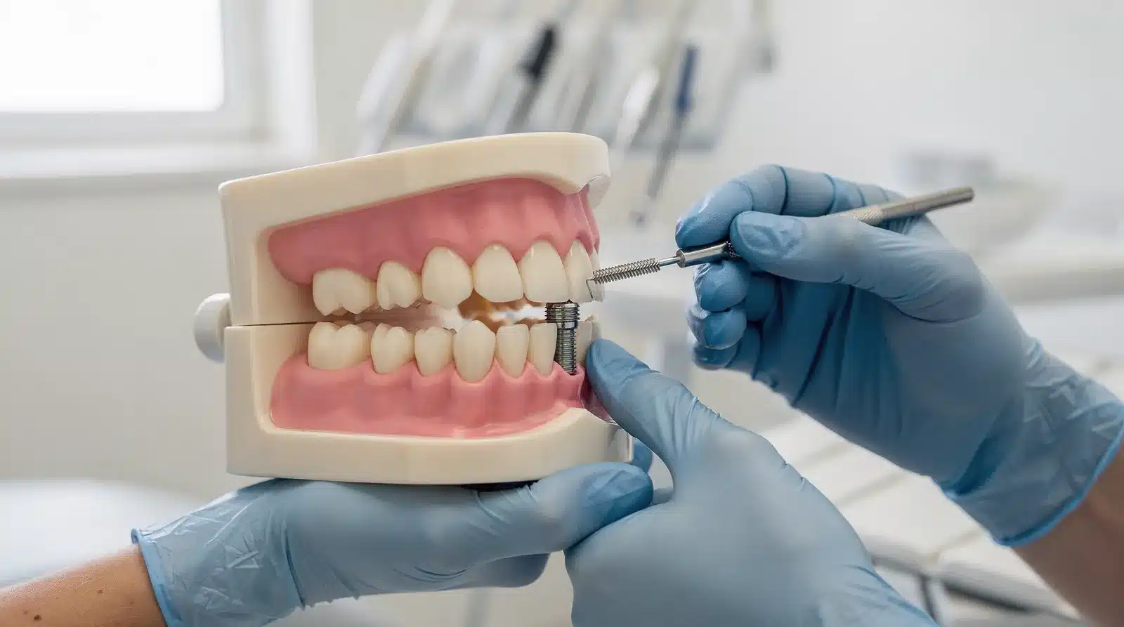 Plaque and bacteria that build up around an implant site can lead to peri-implantitis