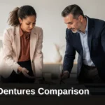 Dentures are removable appliances that sit on the gums to replace missing teeth, while dental