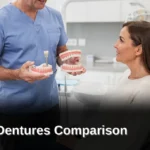 Dentures are removable appliances that sit on the gums to replace missing teeth, while dental