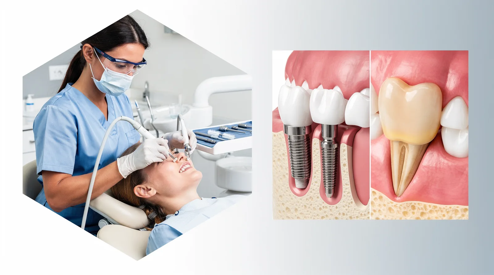 Dental implant cleaning techniques include using specialized tools to remove plaque effectively.; The differences