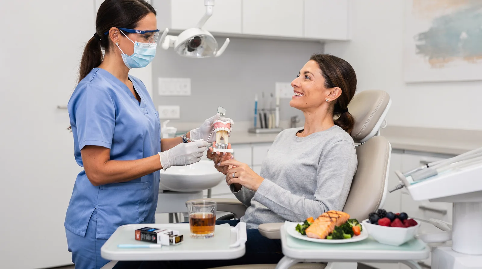 Patients should avoid smoking and excessive alcohol to protect dental implant health.; Eating a balanced