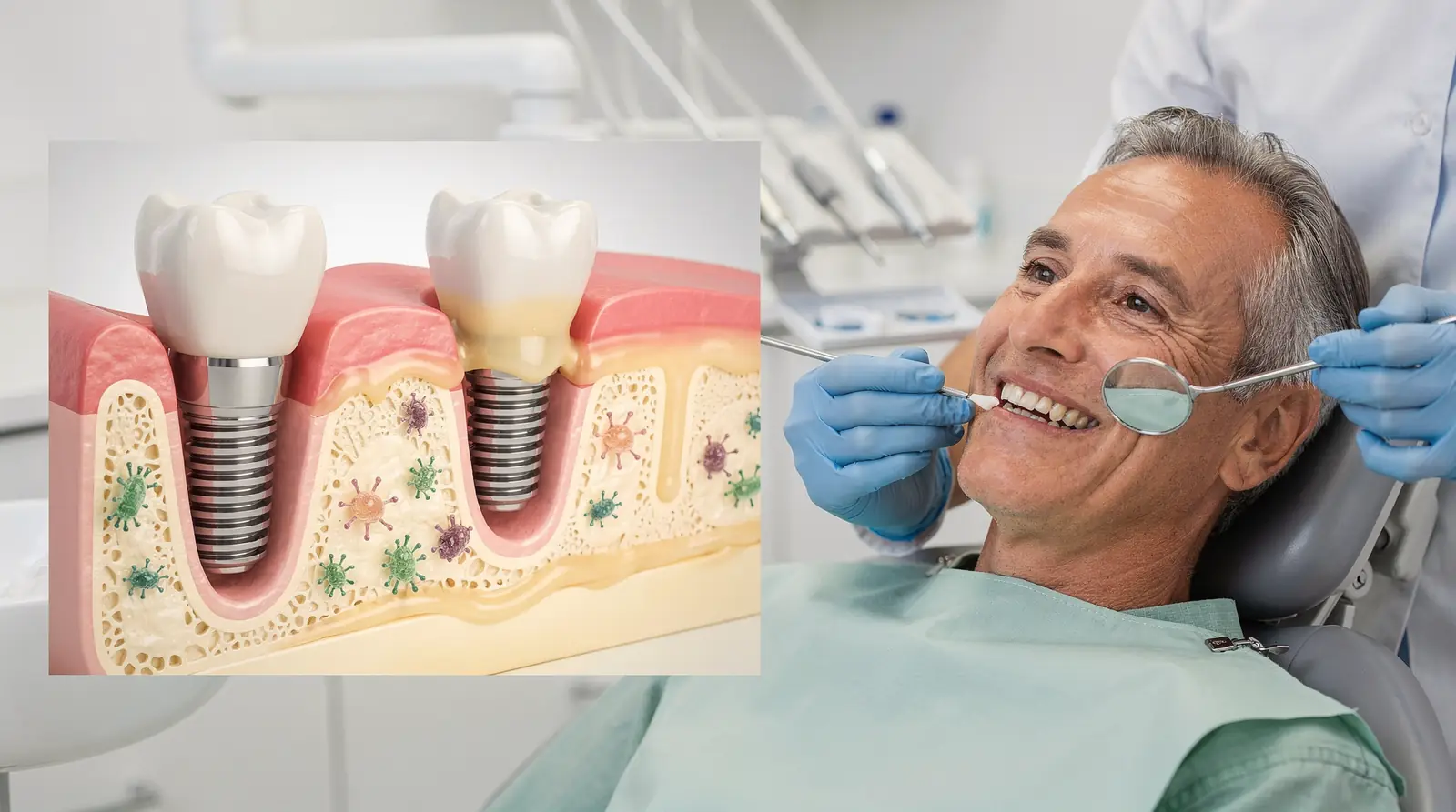 Infection can lead to bone loss and the need to remove the implant entirely.; Bacteria
