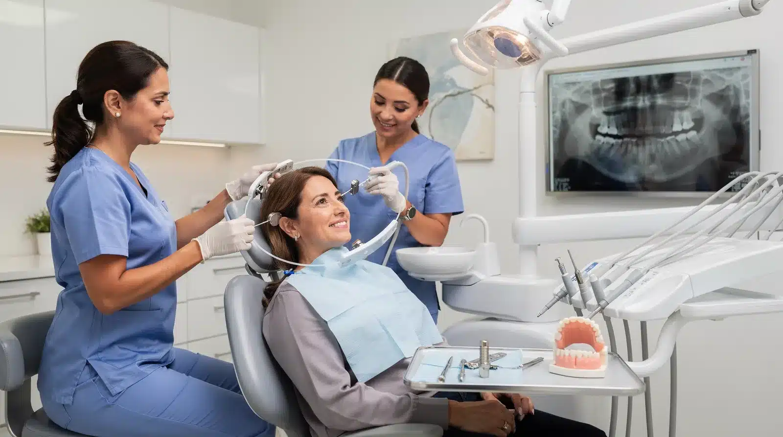 A complete dental examination, including advanced X-rays, determines candidacy for implants.; Sedation and numbing