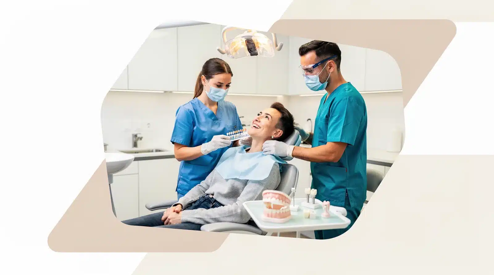 During a consultation, a dentist determines your needs and recommends tooth shades, sizes, and materials