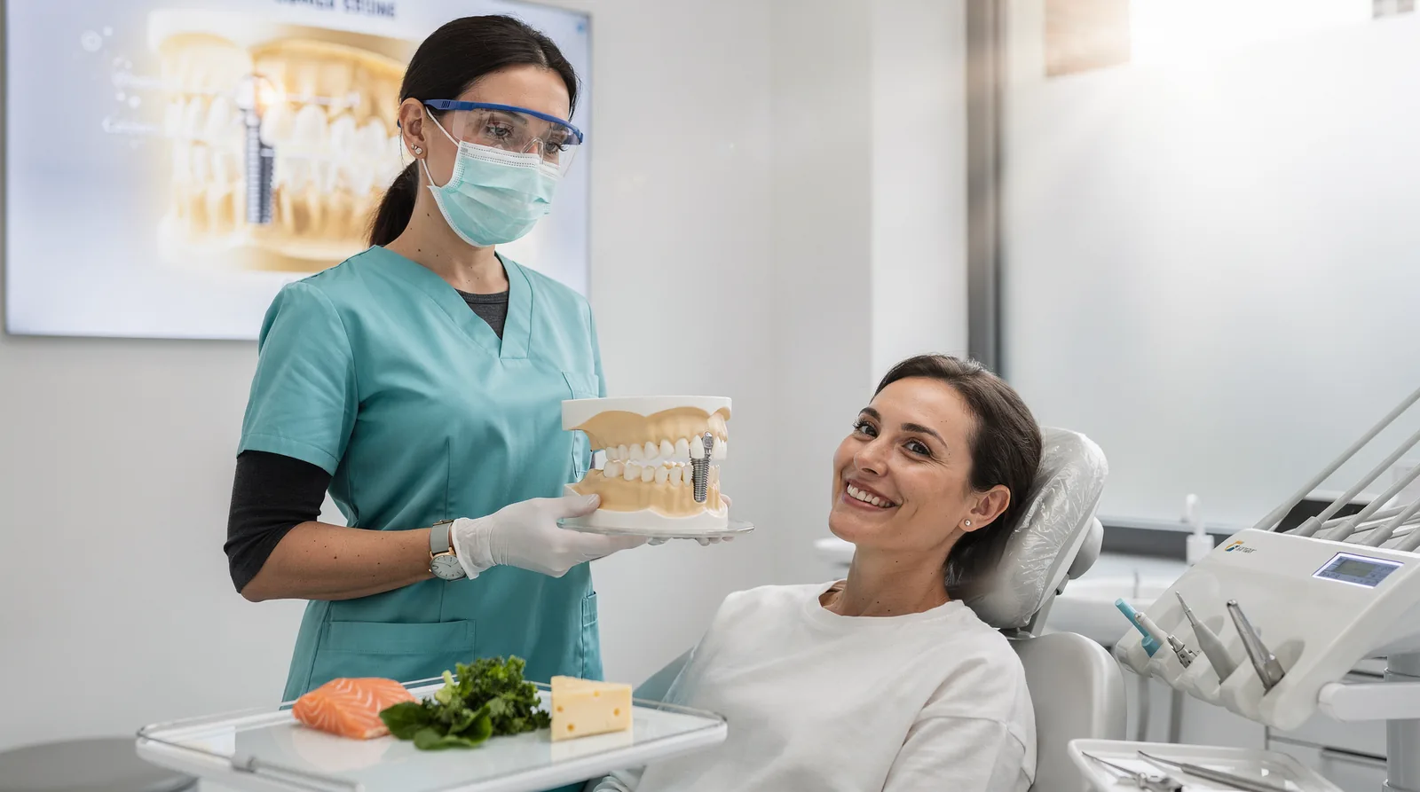Nutrition directly impacts osseointegration, where the implant fuses with the jawbone.; Vitamin D helps